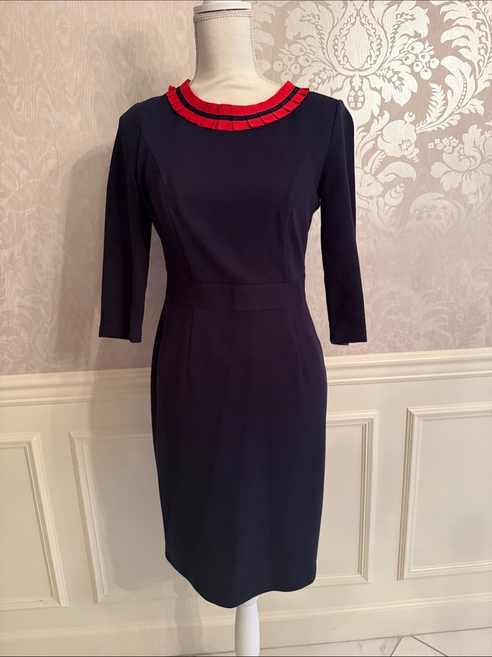 Boden Navy Dress with Red Pleated Neckline